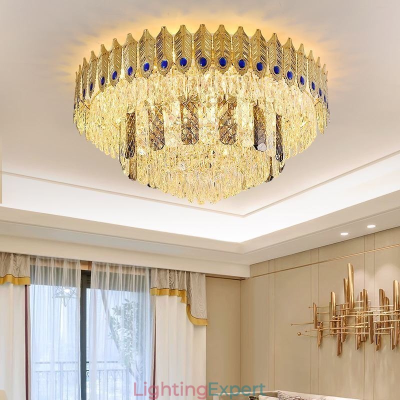 Crystal Flush Mount Round Electroplated Phoenix Tail Gold Luxury Decrative Ceiling Light
