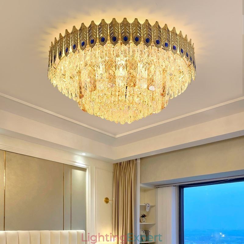Crystal Flush Mount Round Electroplated Phoenix Tail Gold Luxury Decrative Ceiling Light