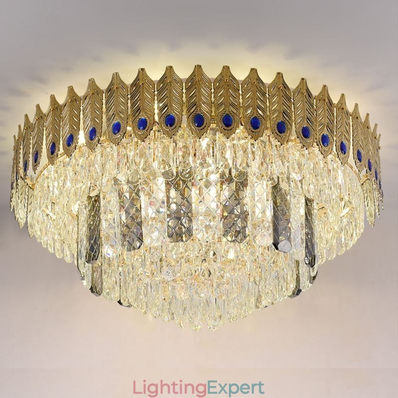 Crystal Flush Mount Round Electroplated Phoenix Tail Gold Luxury Decrative Ceiling Light