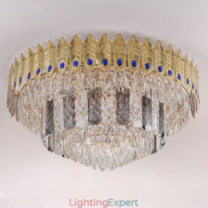 Crystal Flush Mount Round Electroplated Phoenix Tail Gold Luxury Decrative Ceiling Light