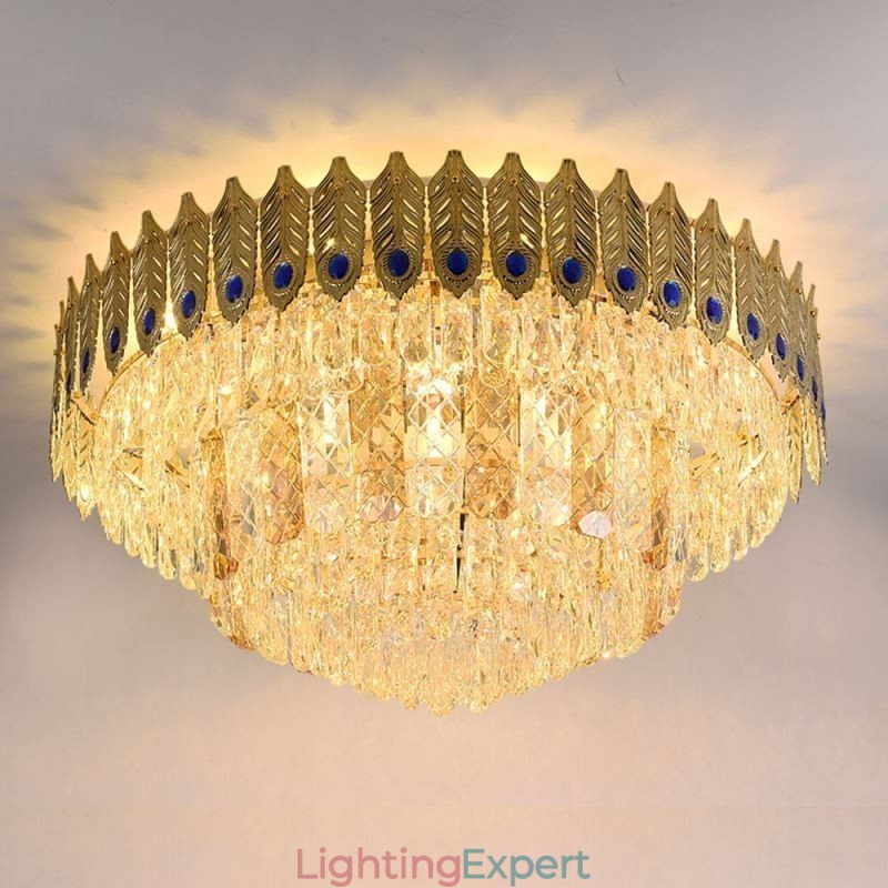 Crystal Flush Mount Round Electroplated Phoenix Tail Gold Luxury Decrative Ceiling Light