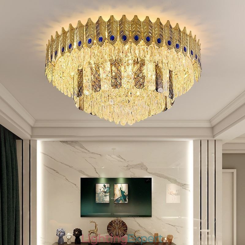 Crystal Flush Mount Round Electroplated Phoenix Tail Gold Luxury Decrative Ceiling Light
