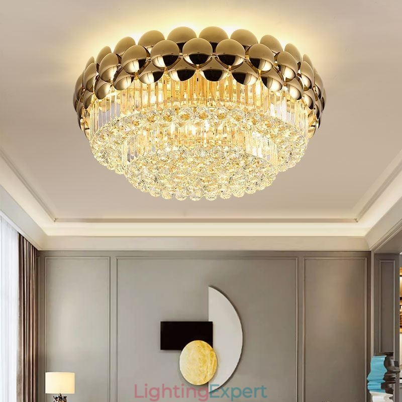 Crystal Flush Mount Round Electroplated Gold Luxury Decrative Ceiling Light 80cm