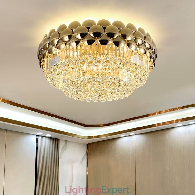 Crystal Flush Mount Round Electroplated Gold Luxury Decrative Ceiling Light 80cm
