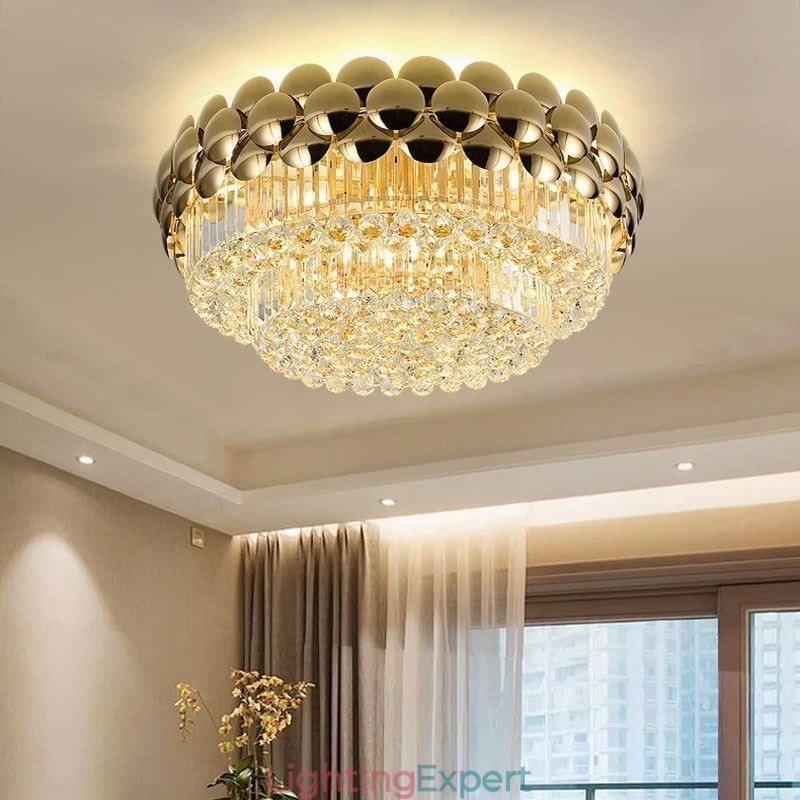 Crystal Flush Mount Round Electroplated Gold Luxury Decrative Ceiling Light 80cm