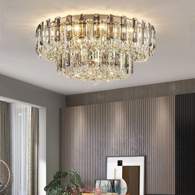 Crystal Flush Mount Smoke Gray Round Crystal Decoration Ceiling Light