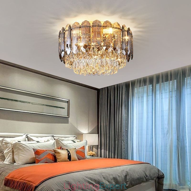 Crystal Flush Mount Smoky Gray Round Crystal Decoration Ceiling Light