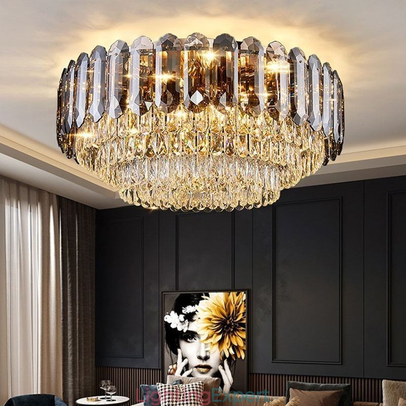 Crystal Flush Mount Smoky Gray Round Crystal Decoration Ceiling Light
