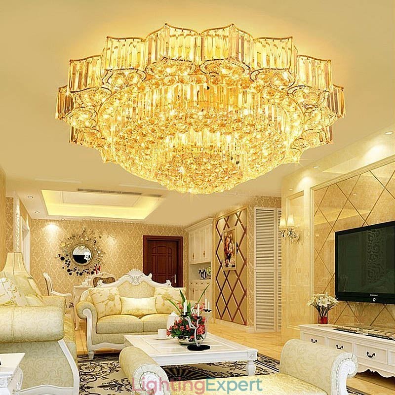 Elegant Flush Mounted Round Crystal Chandelier Flower Shaped