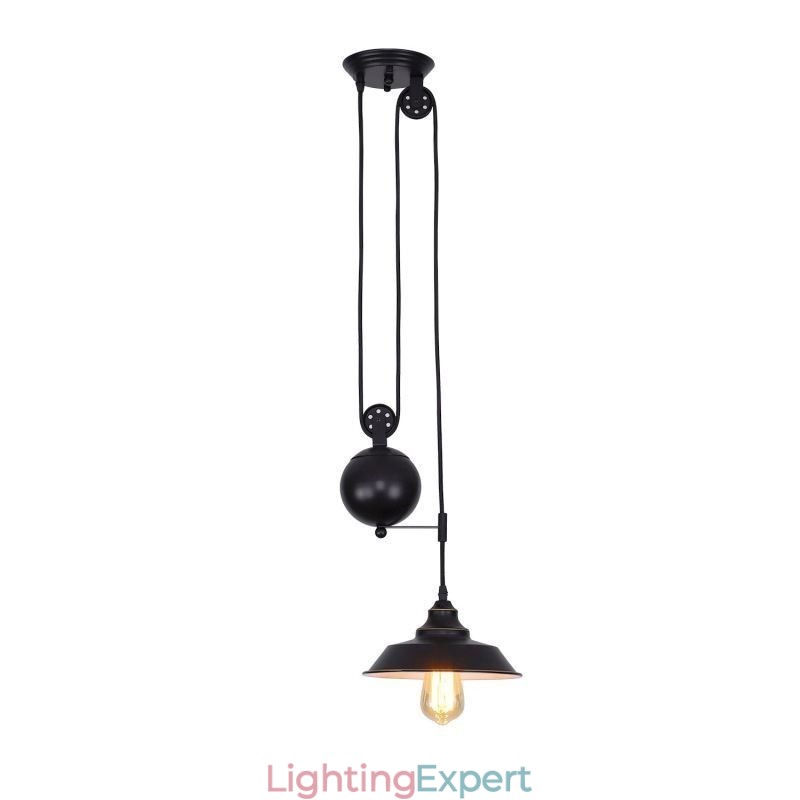 Industrial Farmhouse Pulley Pendant Light Retractable Design Adjustable Height