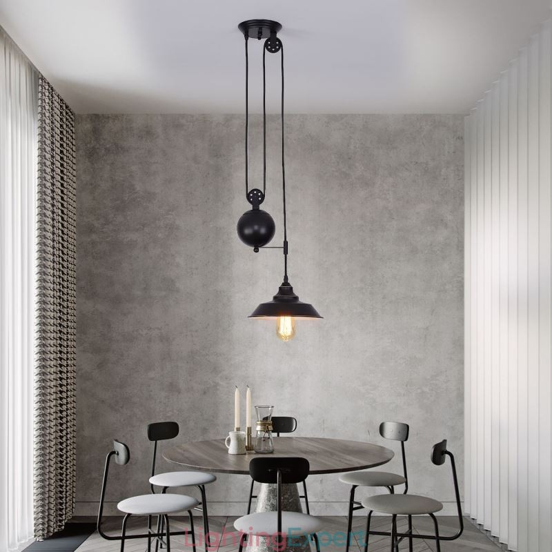 Industrial Farmhouse Pulley Pendant Light Retractable Design Adjustable Height