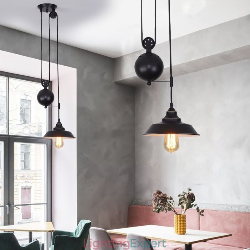 Industrial Farmhouse Pulley Pendant Light Retractable Design Adjustable Height
