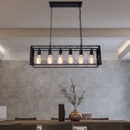 Rustic Rectangular Pendant Light 6 Light Farmhouse Hanging Light