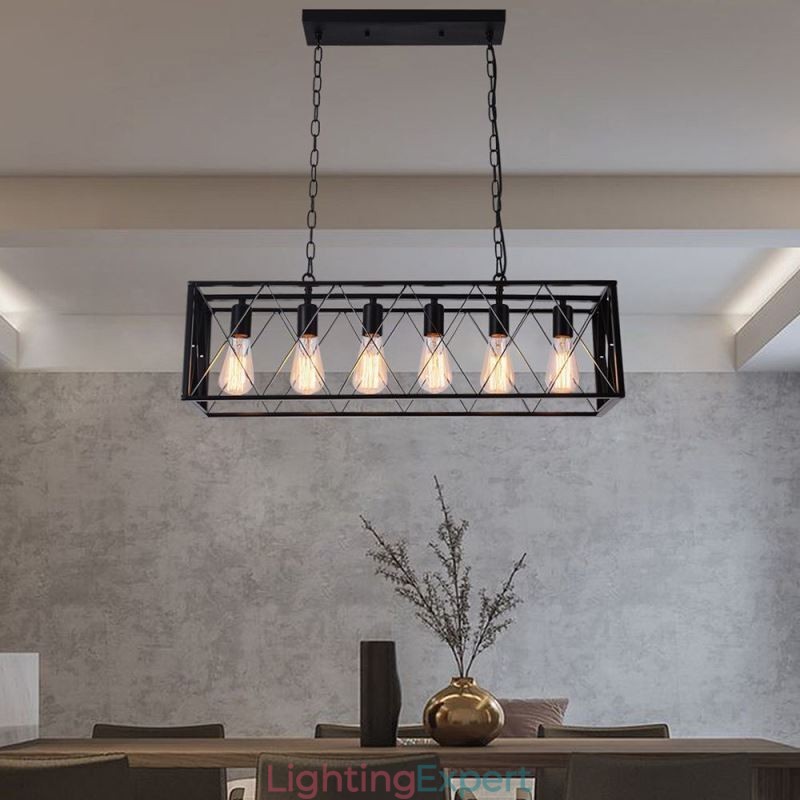 Rustic Rectangular Pendant Light 6 Light Farmhouse Hanging Light