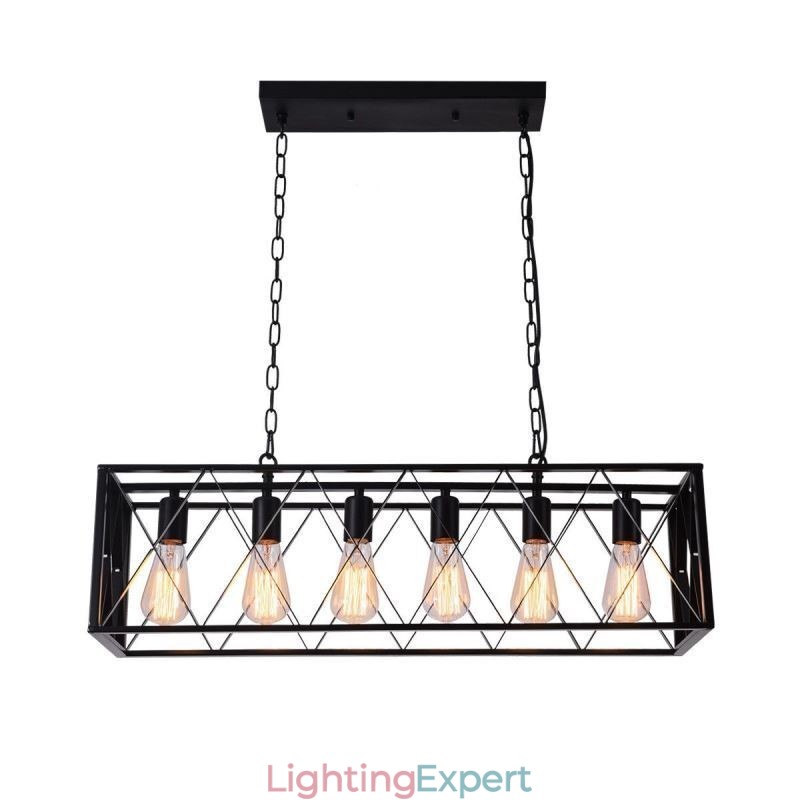 Rustic Rectangular Pendant Light 6 Light Farmhouse Hanging Light