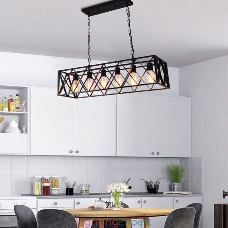Rustic Rectangular Pendant Light 6 Light Farmhouse Hanging Light