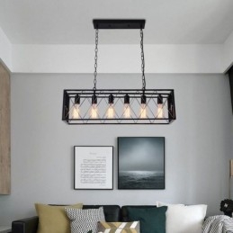 Rustic Rectangular Pendant Light 6 Light Farmhouse Hanging Light