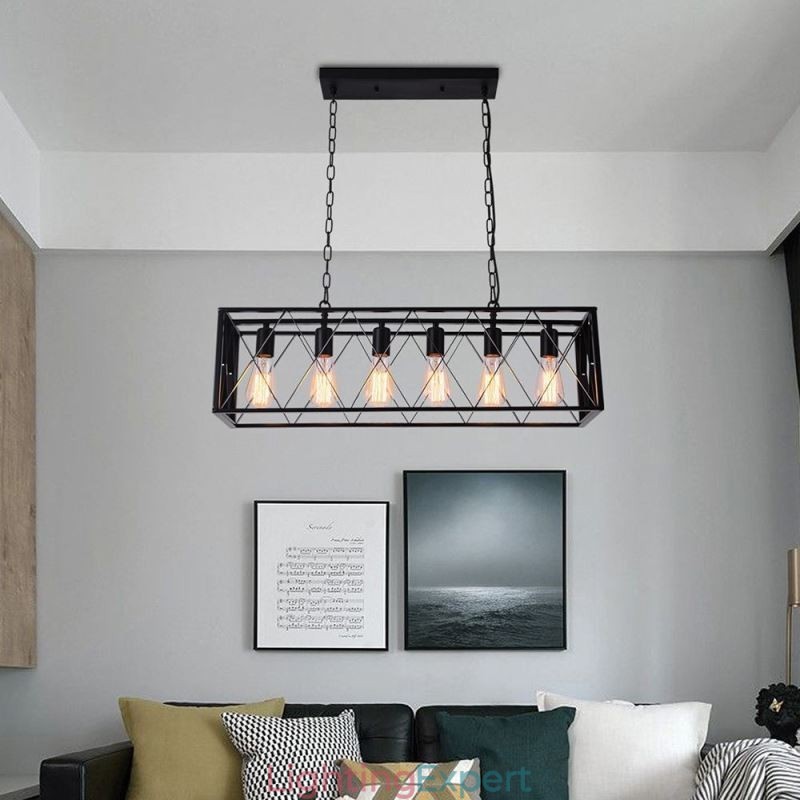 Rustic Rectangular Pendant Light 6 Light Farmhouse Hanging Light