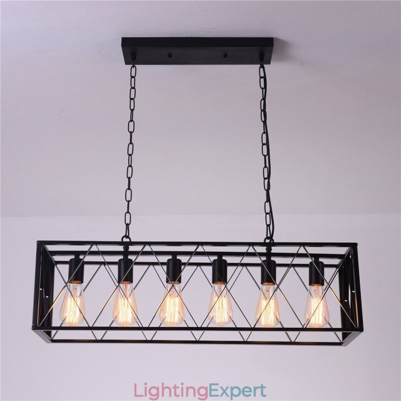 Rustic Rectangular Pendant Light 6 Light Farmhouse Hanging Light