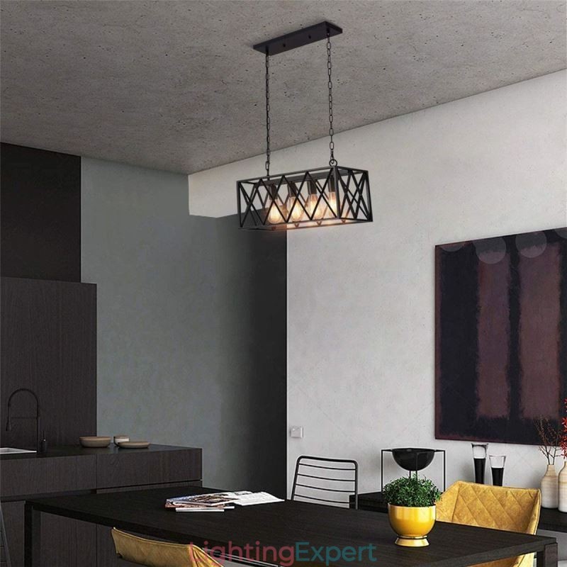 Rustic Rectangular Pendant Light 4 Light Farmhouse Hanging Light