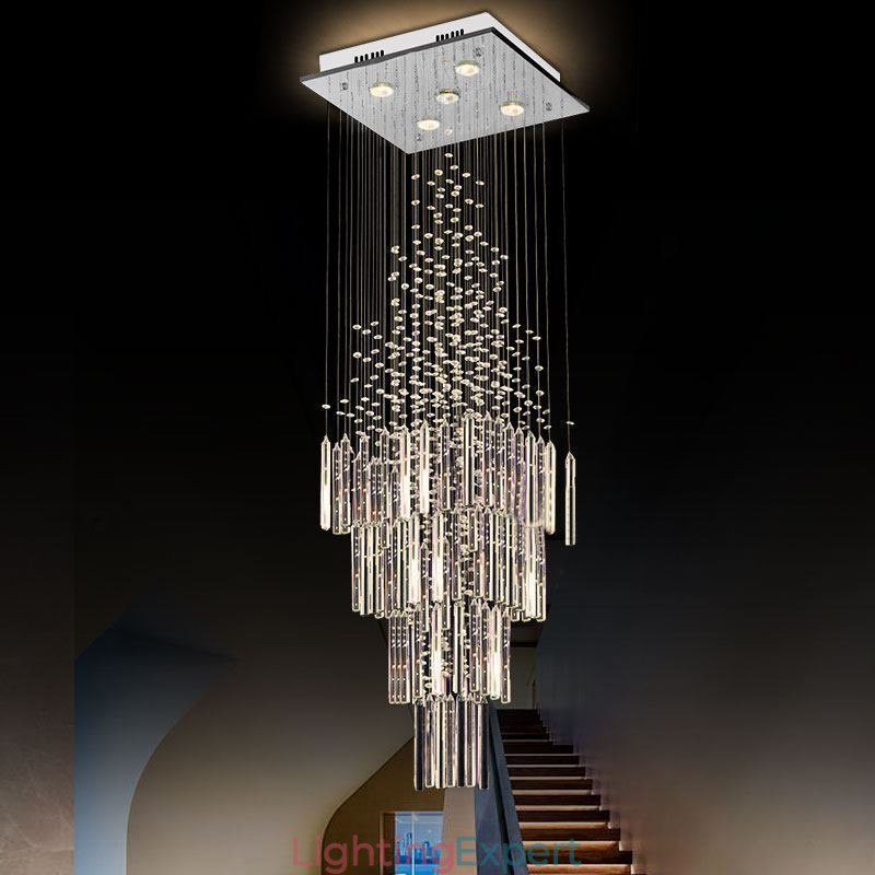 Modern Square Crystal Chandelier Contemporary Elegant Ceiling Light Fixture Duplex Stair