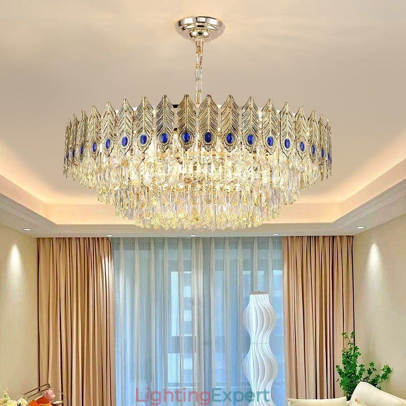 Golden Feather Crystal Pendant Light Duplex Decorative Ceiling Light