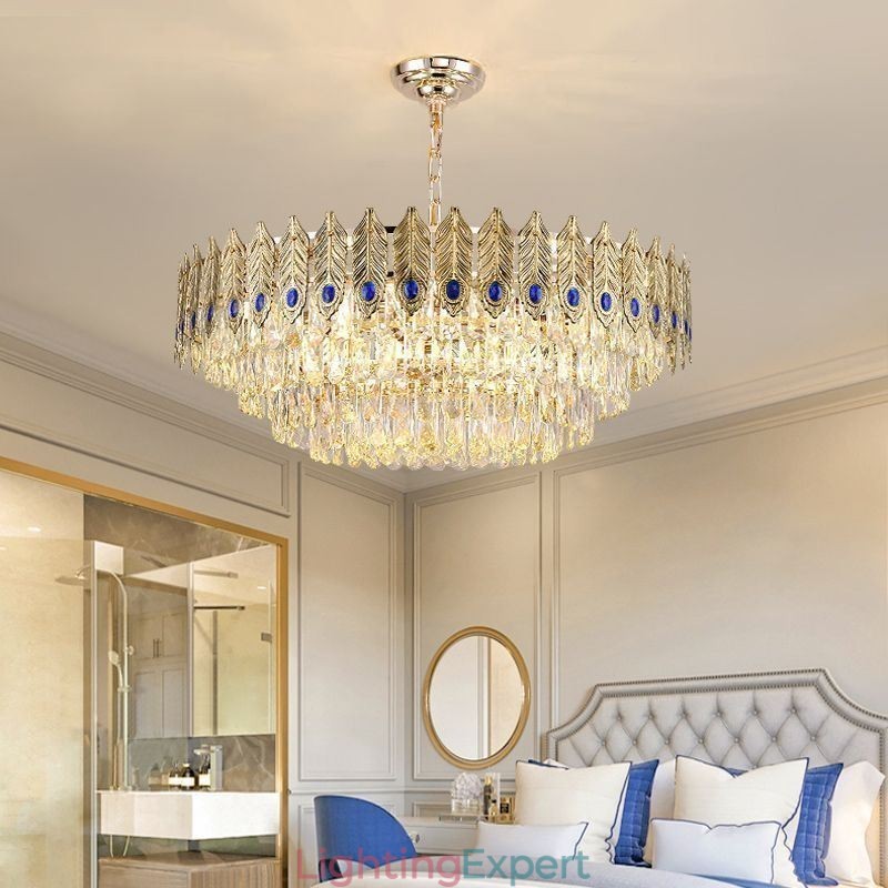 Golden Feather Crystal Pendant Light Duplex Decorative Ceiling Light