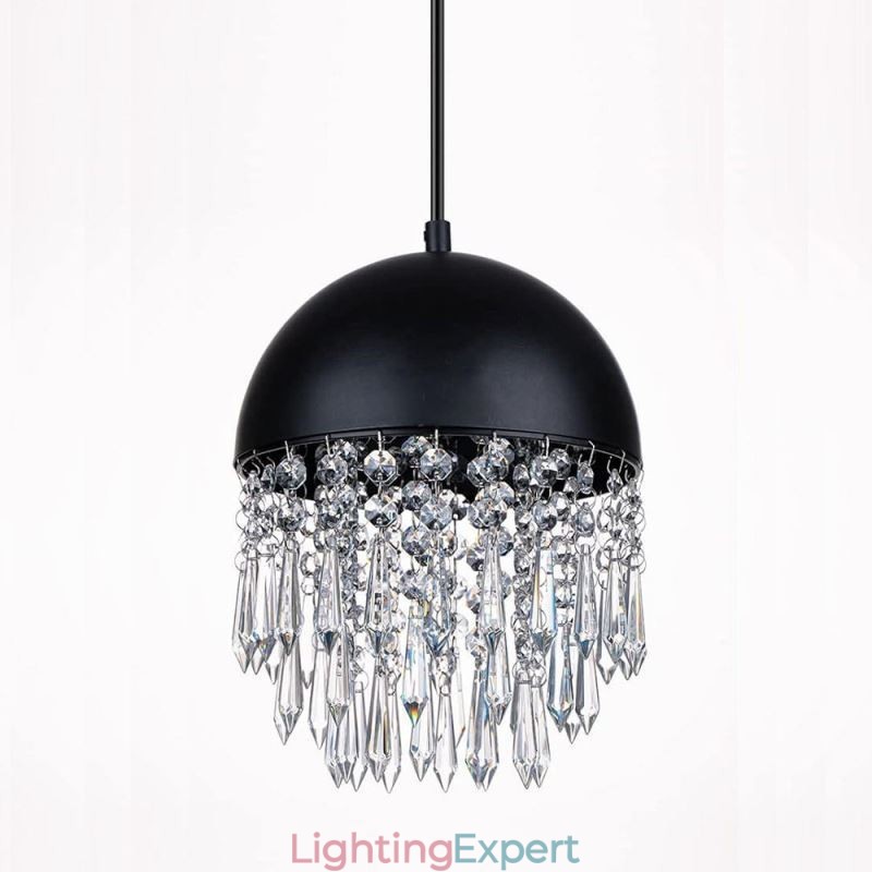 Crystal Pendant Tassel Ceiling Light Black Pot Lid Lampshade