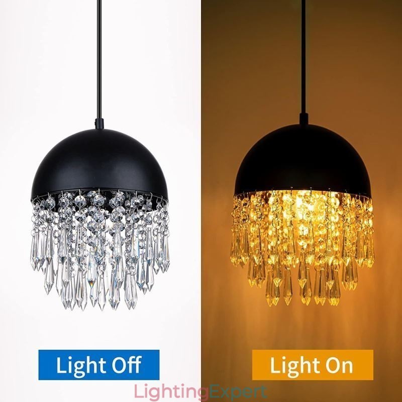 Crystal Pendant Tassel Ceiling Light Black Pot Lid Lampshade