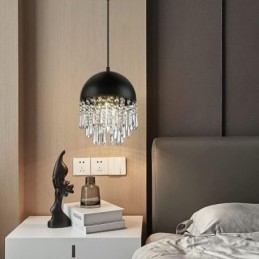 Crystal Pendant Tassel Ceiling Light Black Pot Lid Lampshade