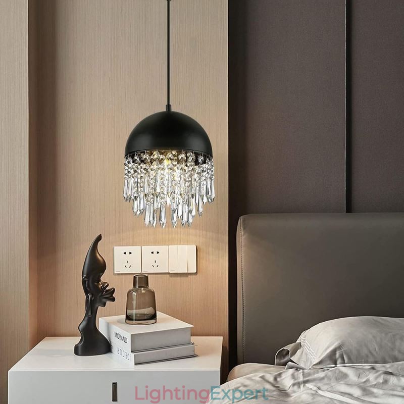 Crystal Pendant Tassel Ceiling Light Black Pot Lid Lampshade