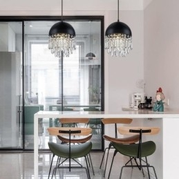 Crystal Pendant Tassel Ceiling Light Black Pot Lid Lampshade