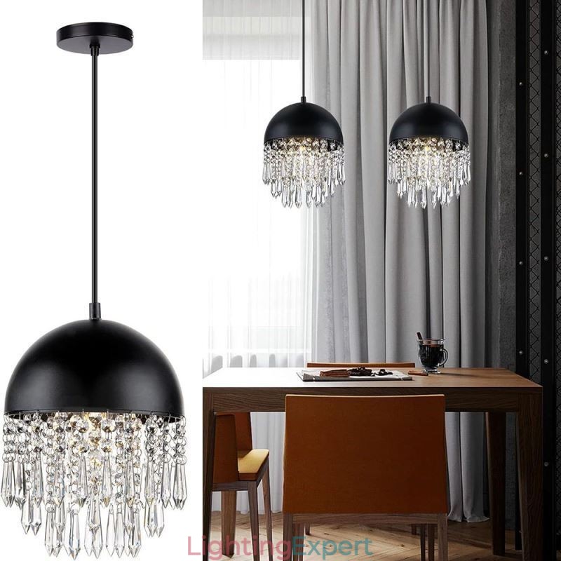 Crystal Pendant Tassel Ceiling Light Black Pot Lid Lampshade