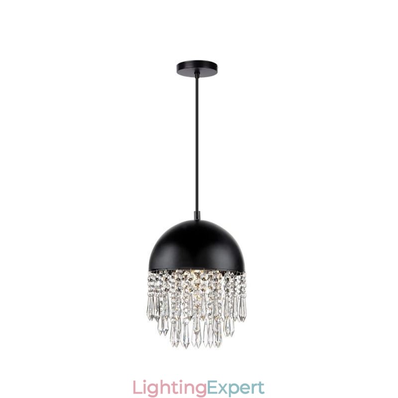 Crystal Pendant Tassel Ceiling Light Black Pot Lid Lampshade