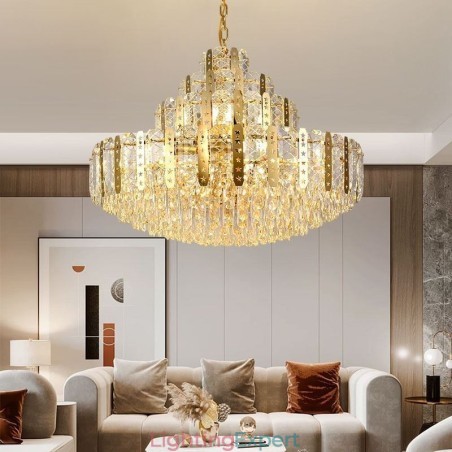 Crystal Pendant Light 4th Floor Luxury Decrative Ceiling Light with Golden Hollow Iron Sheet