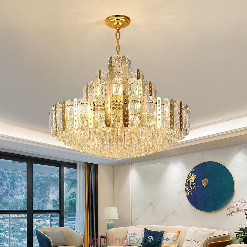 Crystal Pendant Light 4th Floor Luxury Decrative Ceiling Light with Golden Hollow Iron Sheet
