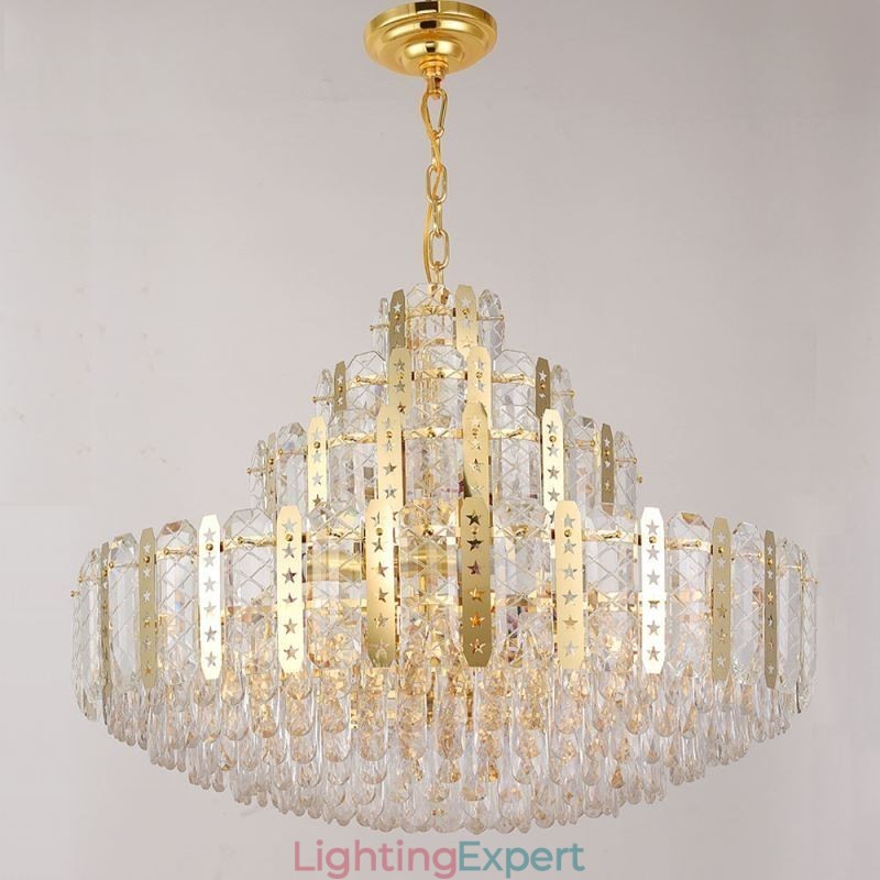 Crystal Pendant Light 4th Floor Luxury Decrative Ceiling Light with Golden Hollow Iron Sheet