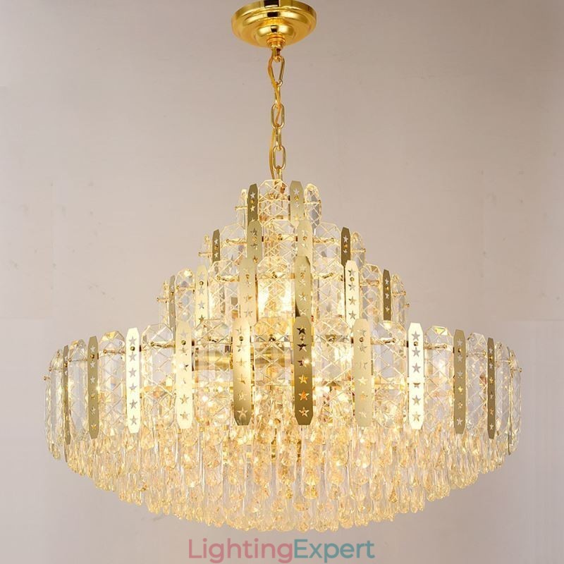 Crystal Pendant Light 4th Floor Luxury Decrative Ceiling Light with Golden Hollow Iron Sheet