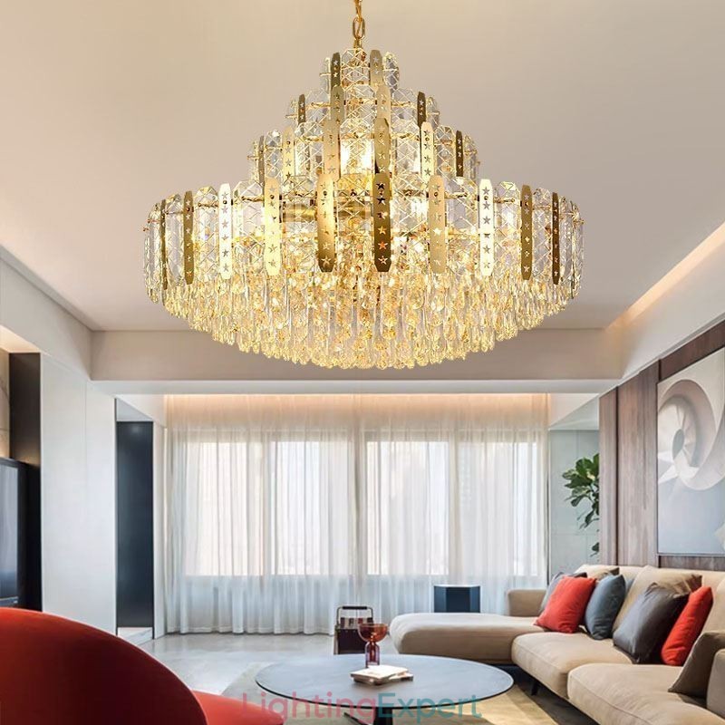 Crystal Pendant Light 4th Floor Luxury Decrative Ceiling Light with Golden Hollow Iron Sheet