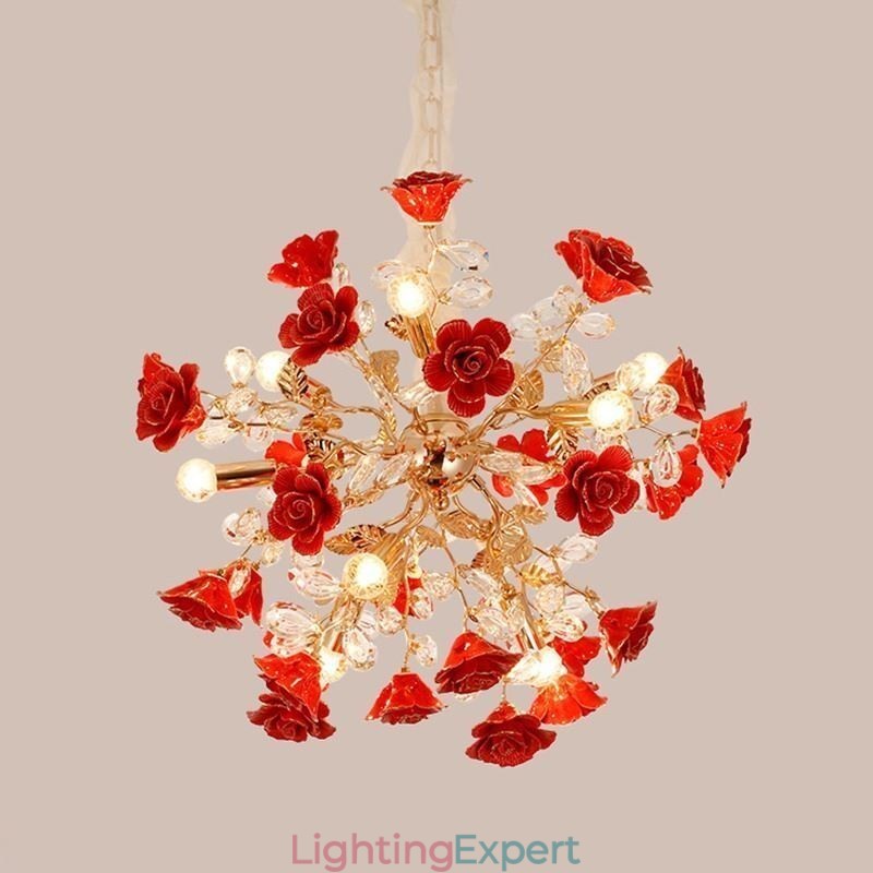 Luxury Pendant Light Ceramic Red Flower Chandelier