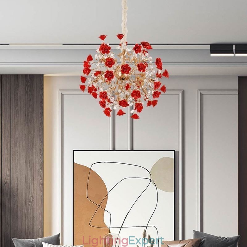Luxury Pendant Light Ceramic Red Flower Chandelier