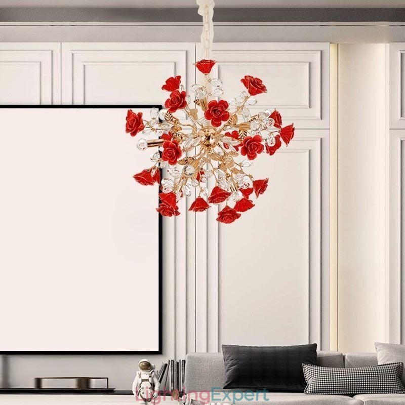 Luxury Pendant Light Ceramic Red Flower Chandelier