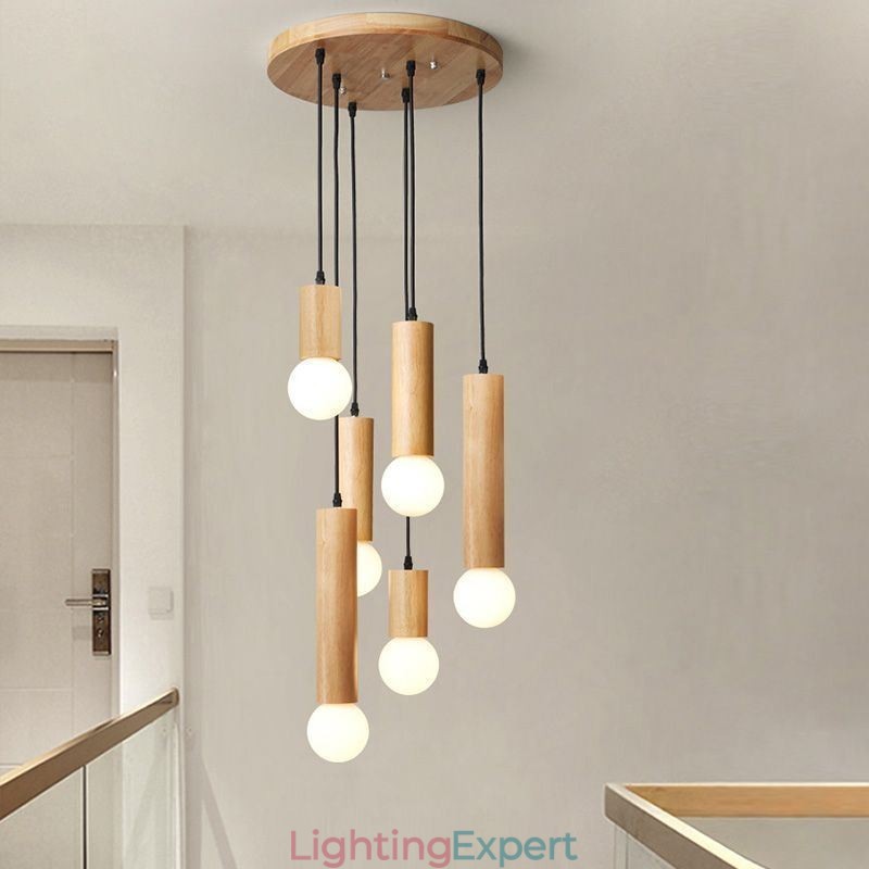 Japanese Wood Pendant Light 6 Lights Hanging Light