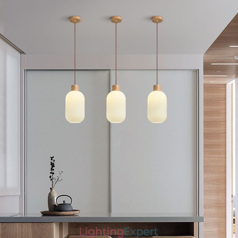Japanese Wood Pendant Light Glass Lantern Hanging Light