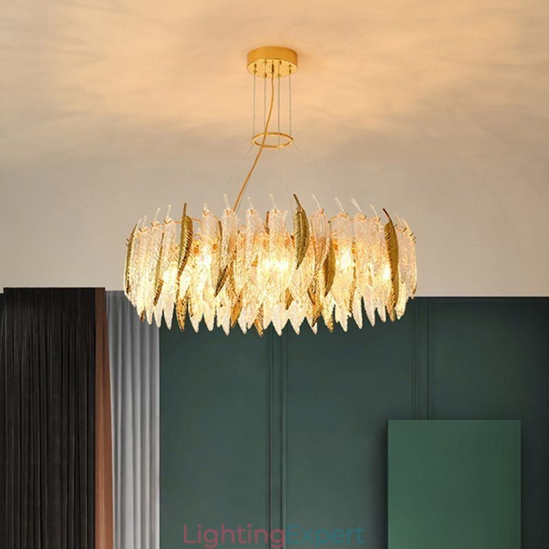 Artistic Glass Chandelier Feather Round Ceiling Light