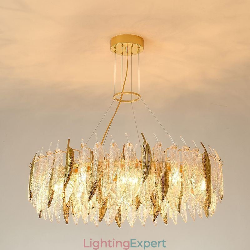 Artistic Glass Chandelier Feather Round Ceiling Light
