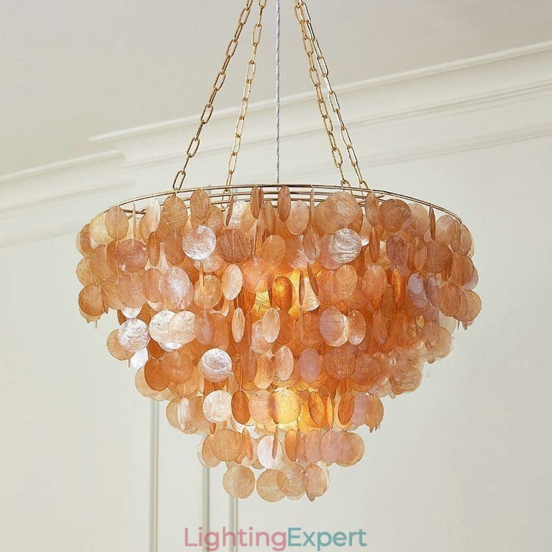 Natural Shell Chandelier Round Layered Hanging Light Brown Black