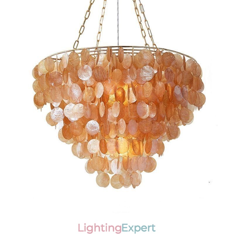Natural Shell Chandelier Round Layered Hanging Light Brown Black