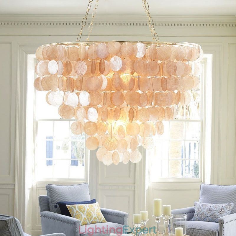 Natural Shell Chandelier Round Layered Hanging Light Brown Black