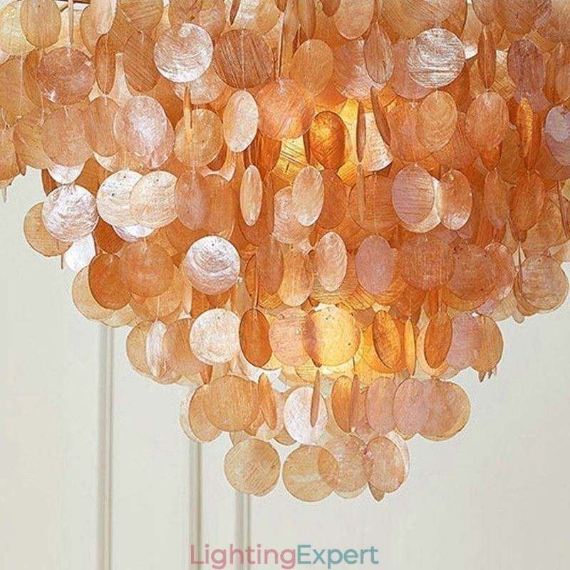 Natural Shell Chandelier Round Layered Hanging Light Brown Black